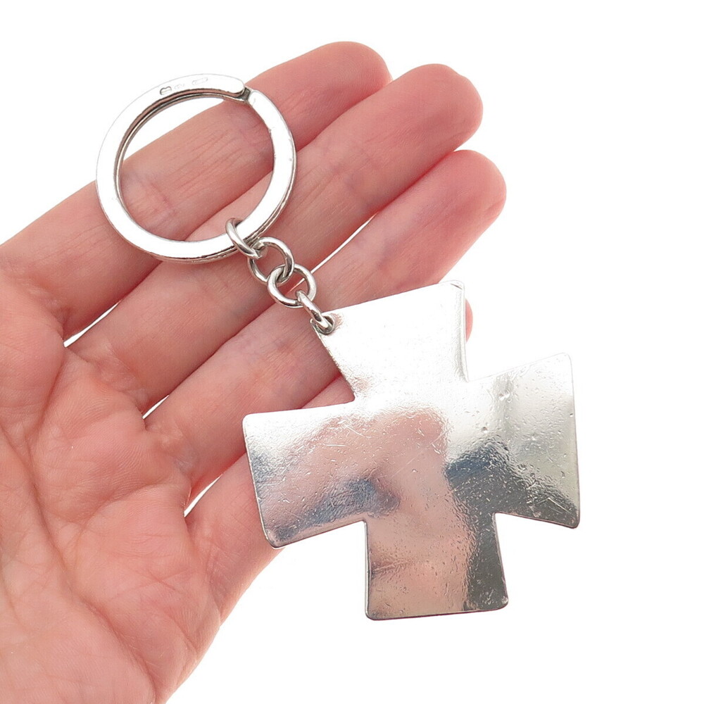 UnoAErre 925 Sterling Silver Vintage 2000 KJB London Cross Key Chain Fob Ring